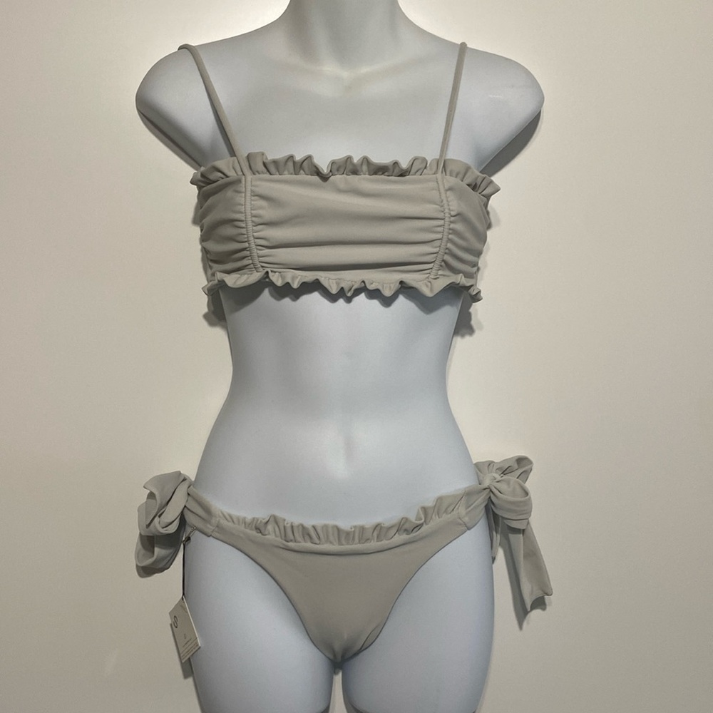 Ruffle Bandeau Tie-Side Bikini Set - Light Gray